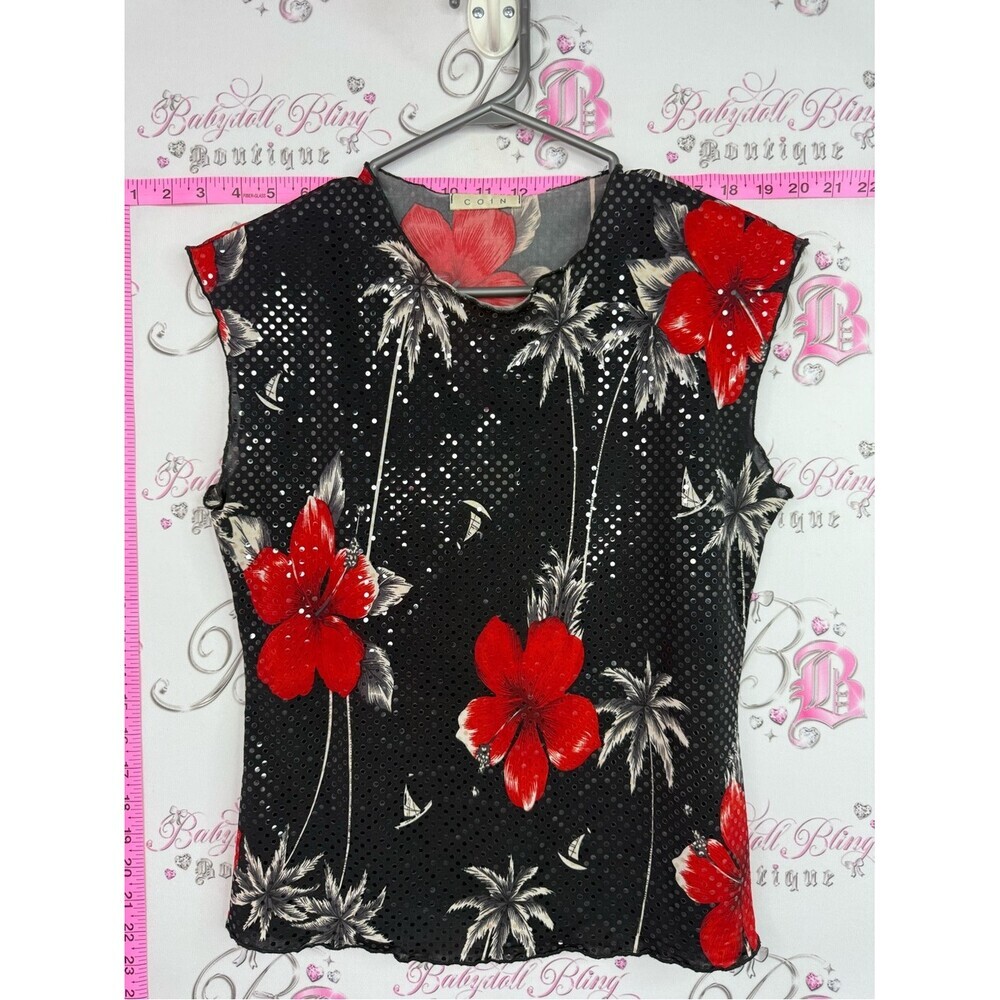 COIN y2k tiki hibiscus 🌺 shiny Red Floral Sequin Black Sleeveless Top